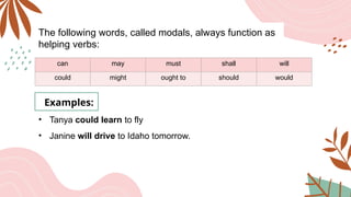 The following words, called modals, always function as
helping verbs:
can may must shall will
could might ought to should would
• Tanya could learn to fly
helicopters.
• Janine will drive to Idaho tomorrow.
Examples:
 