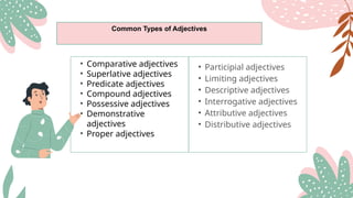 Common Types of Adjectives
• Comparative adjectives
• Superlative adjectives
• Predicate adjectives
• Compound adjectives
• Possessive adjectives
• Demonstrative
adjectives
• Proper adjectives
• Participial adjectives
• Limiting adjectives
• Descriptive adjectives
• Interrogative adjectives
• Attributive adjectives
• Distributive adjectives
 