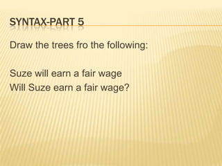 Syntax-Part 5Draw the trees fro the following:Suze will earn a fair wageWill Suze earn a fair wage?