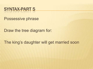 Syntax-part 5Possessive phraseDraw the tree diagram for:The king’s daughter will get married soon