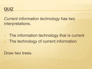 QuizCurrent information technology has two interpretations.The information technology that is currentThe technology of current informationDraw two trees. 