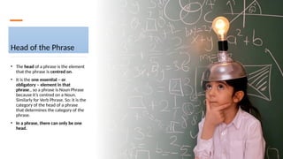 Head of the Phrase
• The head of a phrase is the element
that the phrase is centred on.
• It is the one essential – or
obligatory – element in that
phrase., so a phrase is Noun Phrase
because it’s centred on a Noun.
Similarly for Verb Phrase. So: it is the
category of the head of a phrase
that determines the category of the
phrase.
• In a phrase, there can only be one
head.
 