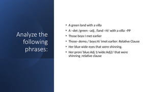 Analyze the
following
phrases:
• A green land with a villa
• A –det /green –adj. /land –H/ with a villa –PP
• Those boys I met earlier
• Those- demo./ boys:H/ Imet earlier: Relative Clause
• Her blue wide eyes that were shinning.
• Her:pron/ blue:Adj 1/wide:Adj2/ that were
shinning :relative clause
 