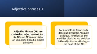 Adjective phrases 3
Adjective Phrases (AP) are
centred on adjectives (A). And,
like NPs, an AP can consist of
an unmodified head, a simple
adjective.
For example, in Aldo’s quite
delicious pizzas the AP, quite
delicious, functions as the
modifier of pizzas and delicious
is the adjective functioning as
the head of the AP.
 