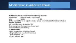 Modification in Adjective Phrase
1/ Adjective phrases usually have the following structure:
Premodifier Adjective (HEAD) Postmodifier
VERY SORRY TO GO
2/ The premodifier in an adjective phrase is most commonly an adverb (intensifier), or
another adjective:
It is extremely/very/ fairly/quite cold;
Or, a noun phrase (in measurements and age):
three months old; a metre long
3/ Postmodifiers:
Happy you can make it (Relative Clause)
; delighted to meet you; (Infinitive cluase)
guilty of murder (PP)
Fond of animals; (PP)
 