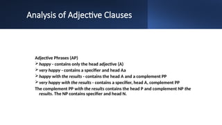 Analysis of Adjective Clauses
Adjective Phrases (AP)
happy - contains only the head adjective (A)
very happy - contains a specifier and head Aa
happy with the results - contains the head A and a complement PP
very happy with the results - contains a specifier, head A, complement PP
The complement PP with the results contains the head P and complement NP the
results. The NP contains specifier and head N.
 
