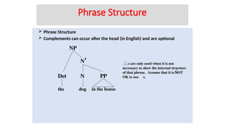  Phrase Structure
 Complements can occur after the head (in English) and are optional
the
Det
NP
N'
N
dog in the house
PP
s are only used when it is not
necessary to show the internal structure
of that phrase. Assume that it is NOT
OK to use s.
Phrase Structure
 