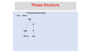  Phrase Structure Rules
 VP  Adv V
always
Adv
VP
V'
V
eats
Phrase Structure
 