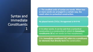 Syntax and
Immediate
Constituents
1
1/ The smallest units of syntax are words. When two
or more words are arranged in a certain way, the
result refers to syntactical construction.
He played tennis (3 ICs) /Arragemnet is N+V+N
2/ In other words, it can be said that a syntactical
construction is a construction in which its immediate
constituents (IC-a) are words (or free morphemes).
3/An immediate constituent (IC) refers to a constituent
(or element) that directly form the construction.
 