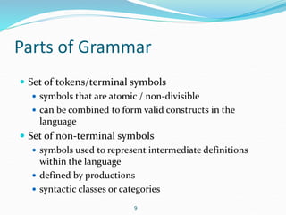 Parts of Grammar 
 Set of tokens/terminal symbols 
 symbols that are atomic / non-divisible 
 can be combined to form valid constructs in the 
language 
 Set of non-terminal symbols 
 symbols used to represent intermediate definitions 
within the language 
 defined by productions 
 syntactic classes or categories 
9 
 
