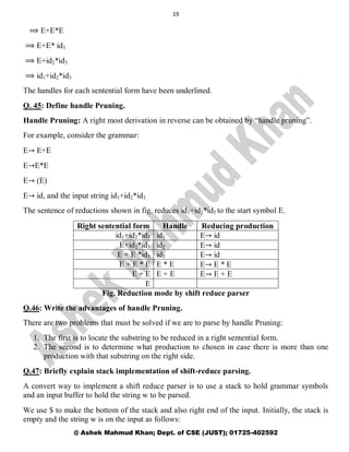 19
@ Ashek Mahmud Khan; Dept. of CSE (JUST); 01725-402592
⟹ E+E*E
⟹ E+E* id3
⟹ E+id2*id3
⟹ id1+id2*id3
The handles for each sentential form have been underlined.
Q. 45: Define handle Pruning.
Handle Pruning: A right most derivation in reverse can be obtained by ―handle pruning‖.
For example, consider the grammar:
E→ E+E
E→E*E
E→ (E)
E→ id, and the input string id1+id2*id3
The sentence of reductions shown in fig. reduces id1+id2*id3 to the start symbol E.
Right sentential form Handle Reducing production
id1+id2*id3 id1 E→ id
E+id2*id3 id2 E→ id
E + E *id3 id3 E→ id
E + E * E E * E E→ E * E
E + E E + E E→ E + E
E
Fig. Reduction mode by shift reduce parser
Q.46: Write the advantages of handle Pruning.
There are two problems that must be solved if we are to parse by handle Pruning:
1. The first is to locate the substring to be reduced in a right sentential form.
2. The second is to determine what production to chosen in case there is more than one
production with that substring on the right side.
Q.47: Briefly explain stack implementation of shift-reduce parsing.
A convert way to implement a shift reduce parser is to use a stack to hold grammar symbols
and an input buffer to hold the string w to be parsed.
We use $ to make the bottom of the stack and also right end of the input. Initially, the stack is
empty and the string w is on the input as follows:
 