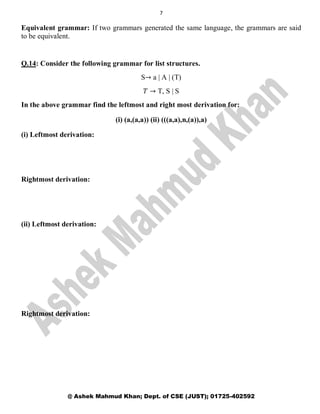 7
@ Ashek Mahmud Khan; Dept. of CSE (JUST); 01725-402592
Equivalent grammar: If two grammars generated the same language, the grammars are said
to be equivalent.
Q.14: Consider the following grammar for list structures.
S→ a | A | (T)
𝑇 → T, S | S
In the above grammar find the leftmost and right most derivation for:
(i) (a,(a,a)) (ii) (((a,a),n,(a)),a)
(i) Leftmost derivation:
Rightmost derivation:
(ii) Leftmost derivation:
Rightmost derivation:
 
