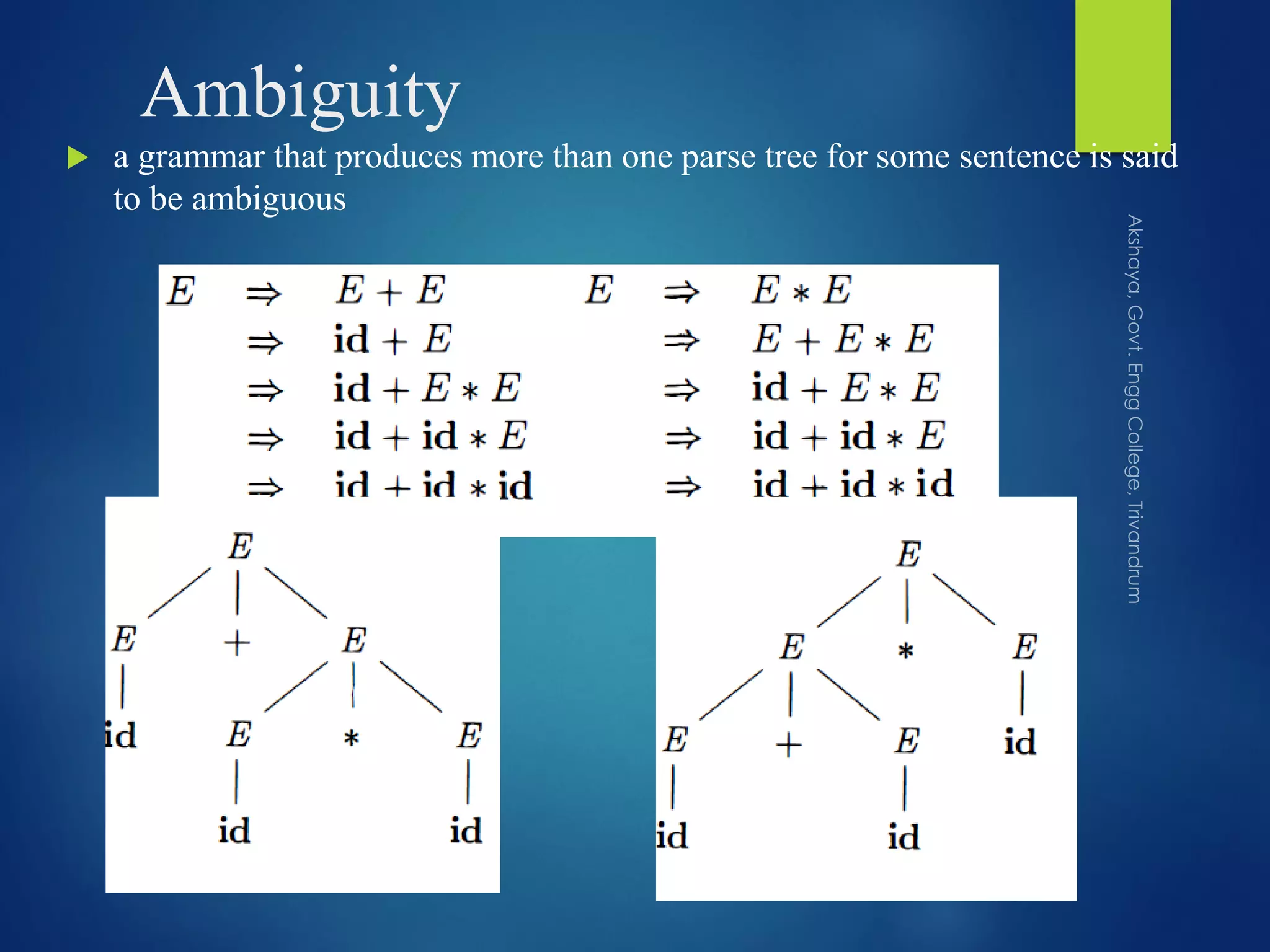 Ambiguity
 a grammar that produces more than one parse tree for some sentence is said
to be ambiguous
 