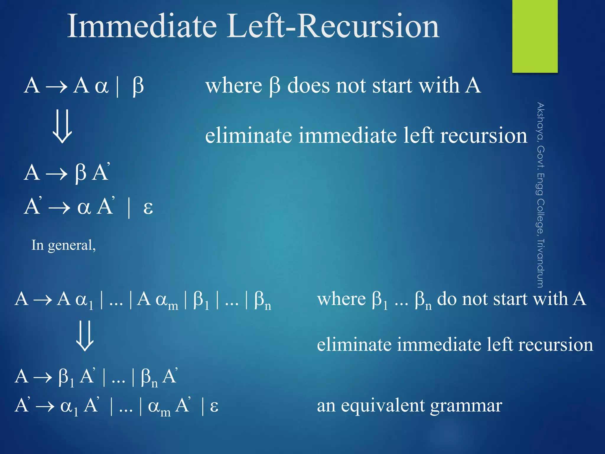 Immediate Left-Recursion
A  A  |  where  does not start with A
 eliminate immediate left recursion
A   A’
A’   A’ | 
A  A 1 | ... | A m | 1 | ... | n where 1 ... n do not start with A
 eliminate immediate left recursion
A  1 A’ | ... | n A’
A’  1 A’ | ... | m A’ |  an equivalent grammar
In general,
 