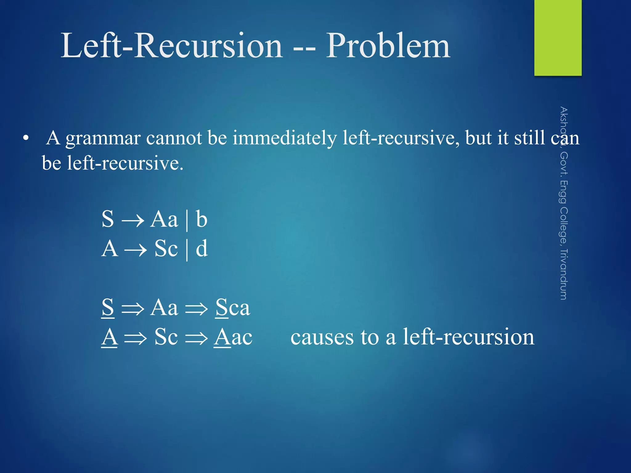 Left-Recursion -- Problem
• A grammar cannot be immediately left-recursive, but it still can
be left-recursive.
S  Aa | b
A  Sc | d
S  Aa  Sca
A  Sc  Aac causes to a left-recursion
 