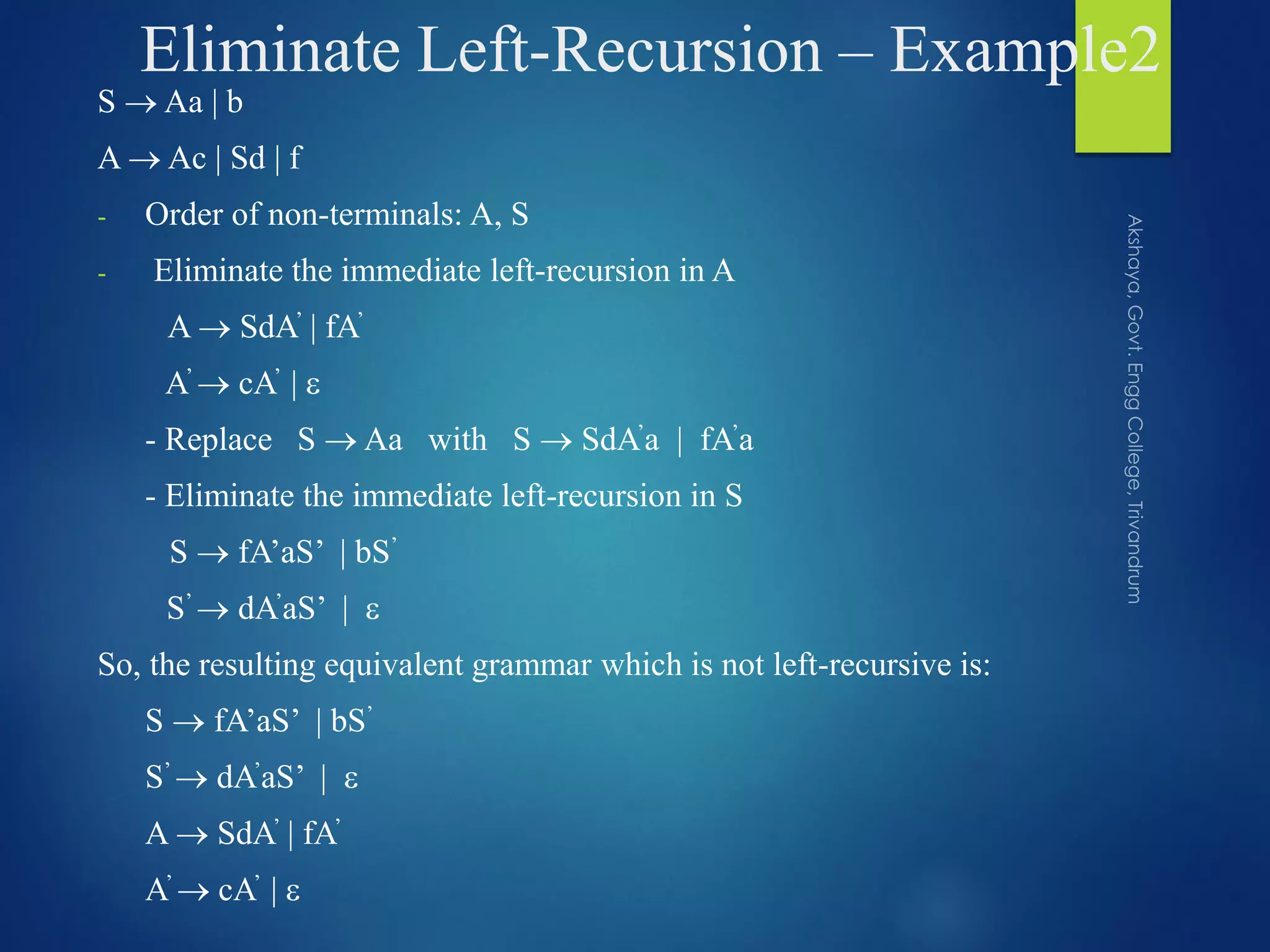 Eliminate Left-Recursion – Example2
S  Aa | b
A  Ac | Sd | f
- Order of non-terminals: A, S
- Eliminate the immediate left-recursion in A
A  SdA’ | fA’
A’  cA’ | 
- Replace S  Aa with S  SdA’a | fA’a
- Eliminate the immediate left-recursion in S
S  fA’aS’ | bS’
S’  dA’aS’ | 
So, the resulting equivalent grammar which is not left-recursive is:
S  fA’aS’ | bS’
S’  dA’aS’ | 
A  SdA’ | fA’
A’  cA’ | 
 