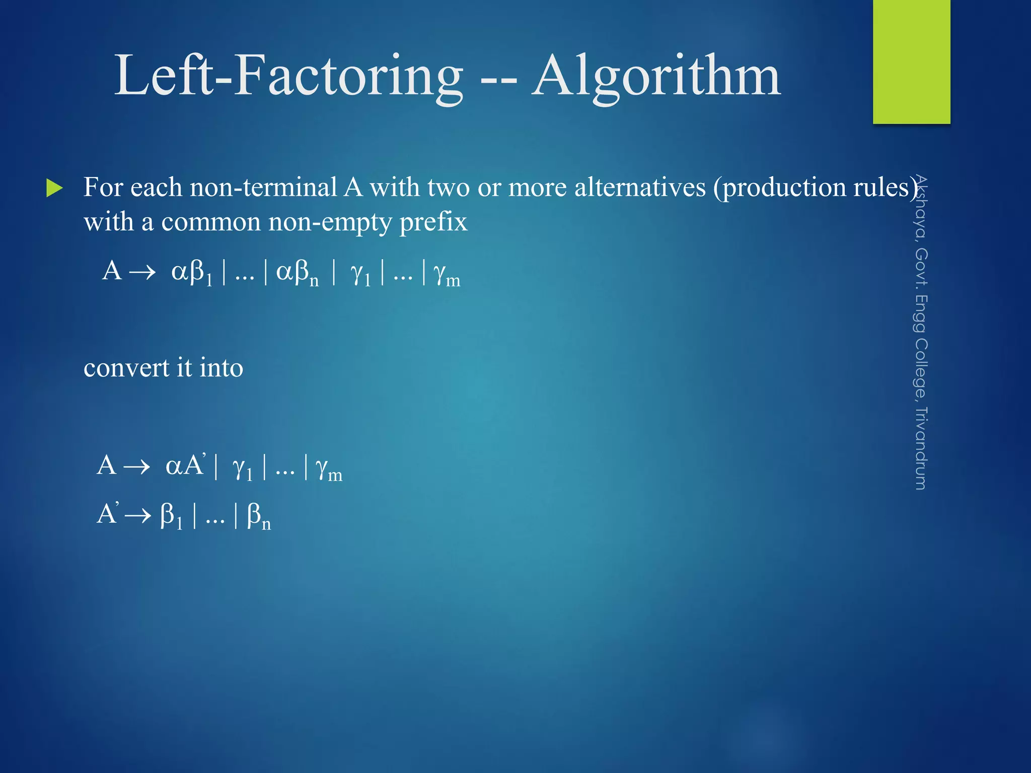 Left-Factoring -- Algorithm
 For each non-terminal A with two or more alternatives (production rules)
with a common non-empty prefix
A  1 | ... | n | 1 | ... | m
convert it into
A  A’ | 1 | ... | m
A’  1 | ... | n
 