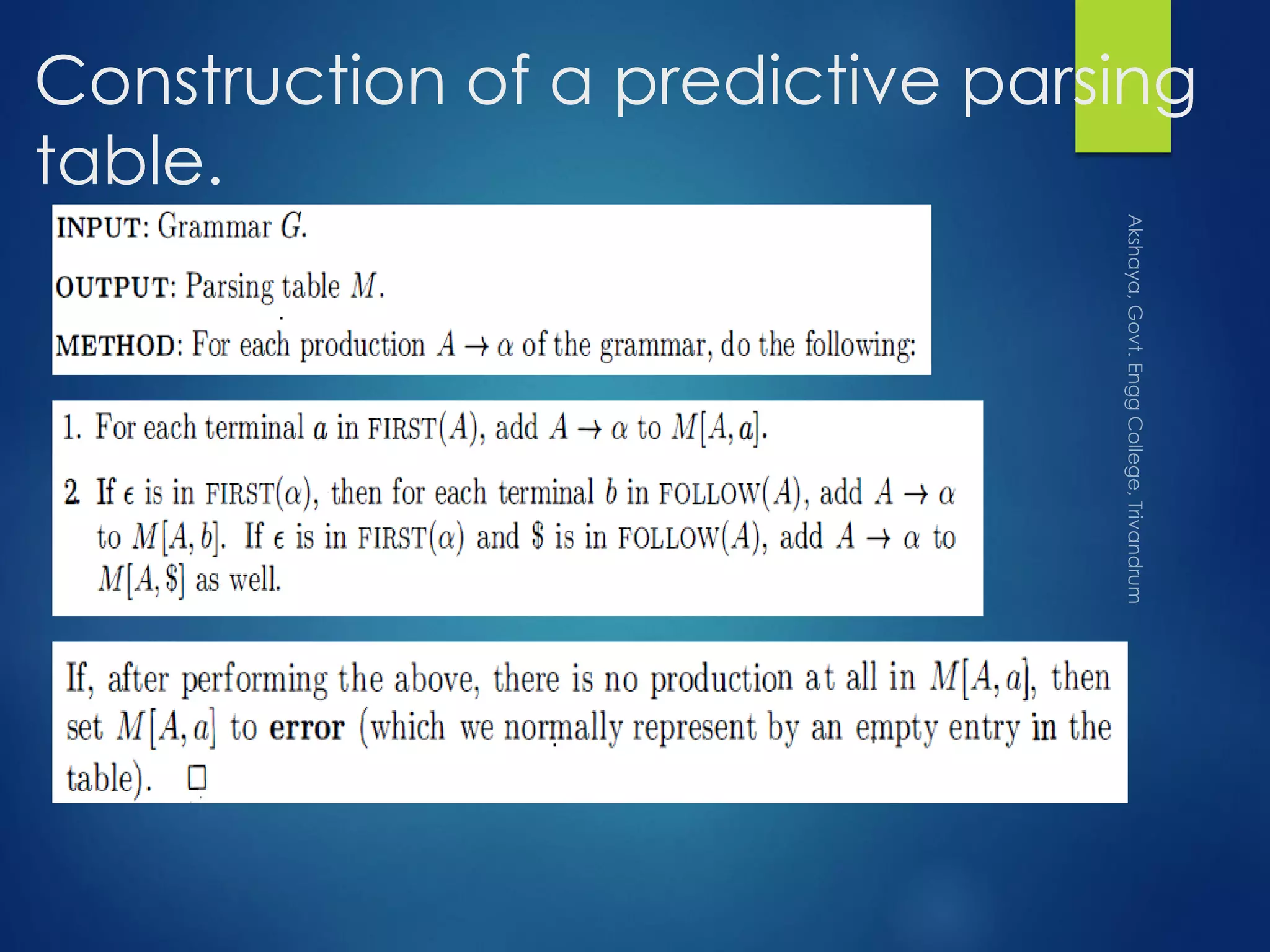Construction of a predictive parsing
table.
 