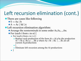 Left recursion elimination (cont.)
⚫There are cases like following
⚫ S -> Aa | b
⚫ A -> Ac | Sd | ɛ
⚫Left recursion elimination algorithm:
⚫ Arrange the nonterminals in some order A1,A2,…,An.
⚫ For (each i from 1 to n) {
⚫ For (each j from 1 to i-1) {
⚫ Replace each production of the form Ai-> Aj γ by the production
Ai -> δ1 γ | δ2 γ | … |δk γ where Aj-> δ1 | δ2 | … |δk are all
current Aj productions
⚫ }
⚫ Eliminate left recursion among the Ai-productions
⚫ }
 