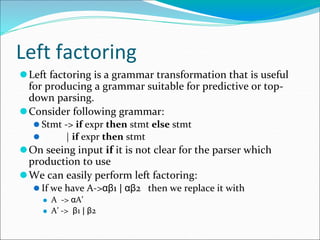 Left factoring
⚫Left factoring is a grammar transformation that is useful
for producing a grammar suitable for predictive or top-
down parsing.
⚫Consider following grammar:
⚫ Stmt -> if expr then stmt else stmt
⚫ | if expr then stmt
⚫On seeing input if it is not clear for the parser which
production to use
⚫We can easily perform left factoring:
⚫ If we have A->αβ1 | αβ2 then we replace it with
⚫ A -> αA’
⚫ A’ -> β1 | β2
 