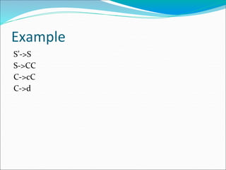 Example
S’->S
S->CC
C->cC
C->d
 