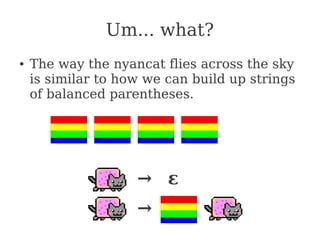 Um... what?
● The way the nyancat flies across the sky
is similar to how we can build up strings
of balanced parentheses.
→
→ ε
→
→
 