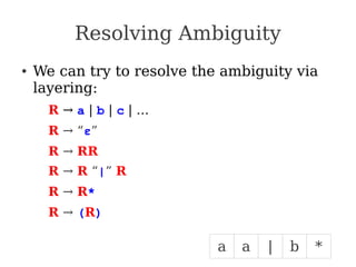 Resolving Ambiguity
● We can try to resolve the ambiguity via
layering:
R → a | b | c | …
R → “ε”
R → RR
R → R “|” R
R → R*
R → (R)
|
a a *
b
 