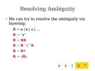 Resolving Ambiguity
● We can try to resolve the ambiguity via
layering:
R → a | b | c | …
R → “ε”
R → RR
R → R “|” R
R → R*
R → (R)
|
a a *
b
 