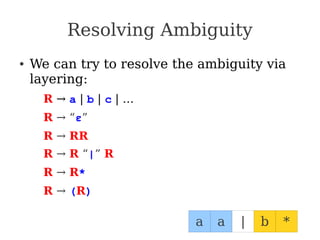Resolving Ambiguity
● We can try to resolve the ambiguity via
layering:
R → a | b | c | …
R → “ε”
R → RR
R → R “|” R
R → R*
R → (R)
|
a a *
b
 