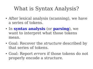 What is Syntax Analysis?
● After lexical analysis (scanning), we have
a series of tokens.
● In syntax analysis (or parsing), we
want to interpret what those tokens
mean.
● Goal: Recover the structure described by
that series of tokens.
● Goal: Report errors if those tokens do not
properly encode a structure.
 