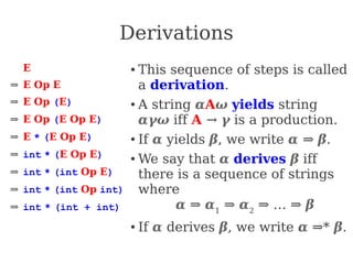 Derivations
⇒ E
⇒ E Op E
⇒ E Op (E)
⇒ E Op (E Op E)
⇒ E * (E Op E)
⇒ int * (E Op E)
⇒ int * (int Op E)
⇒ int * (int Op int)
⇒ int * (int + int)
● This sequence of steps is called
a derivation.
● A string αAω yields string
αγω iff A → γ is a production.
● If α yields β, we write α ⇒ β.
● We say that α derives β iff
there is a sequence of strings
where
α ⇒ α1
⇒ α2
⇒ … ⇒ β
● If α derives β, we write α ⇒* β.
 
