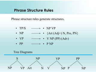Phrase Structure Rules
Phrase structure rules generate structures.
• TP/S

• NP VP

• NP

• {Art (Adj+) N, Pro, PN}

• VP

• V NP (PP) (Adv)

• PP

• P NP

Tree Diagrams
S

NP

NP
VP Art

PP

VP

N

V

NP P

NP

 