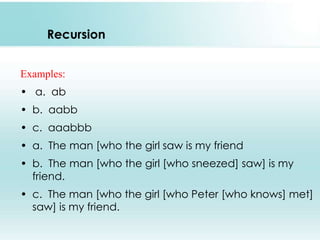 Recursion
Examples:
• a. ab

• b. aabb
• c. aaabbb
• a. The man [who the girl saw is my friend
• b. The man [who the girl [who sneezed] saw] is my
friend.
• c. The man [who the girl [who Peter [who knows] met]
saw] is my friend.

 