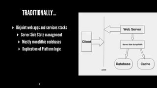 TRADITIONALLY...
▸ Disjoint web apps and services stacks
▸ Server Side State management
▸ Mostly monolithic codebases
▸ Duplication of Platform logic
4
 