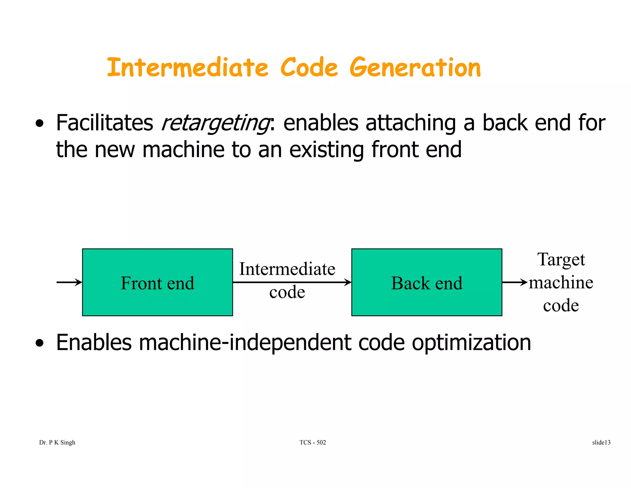 Intermediate Code Generation
• Facilitates retargeting: enables attaching a back end for
the new machine to an existing front endthe new machine to an existing front end
Intermediate
Target
E bl hi i d d t d ti i ti
Front end Back end
Intermediate
code
machine
code
• Enables machine-independent code optimization
TCS - 502Dr. P K Singh slide13
 