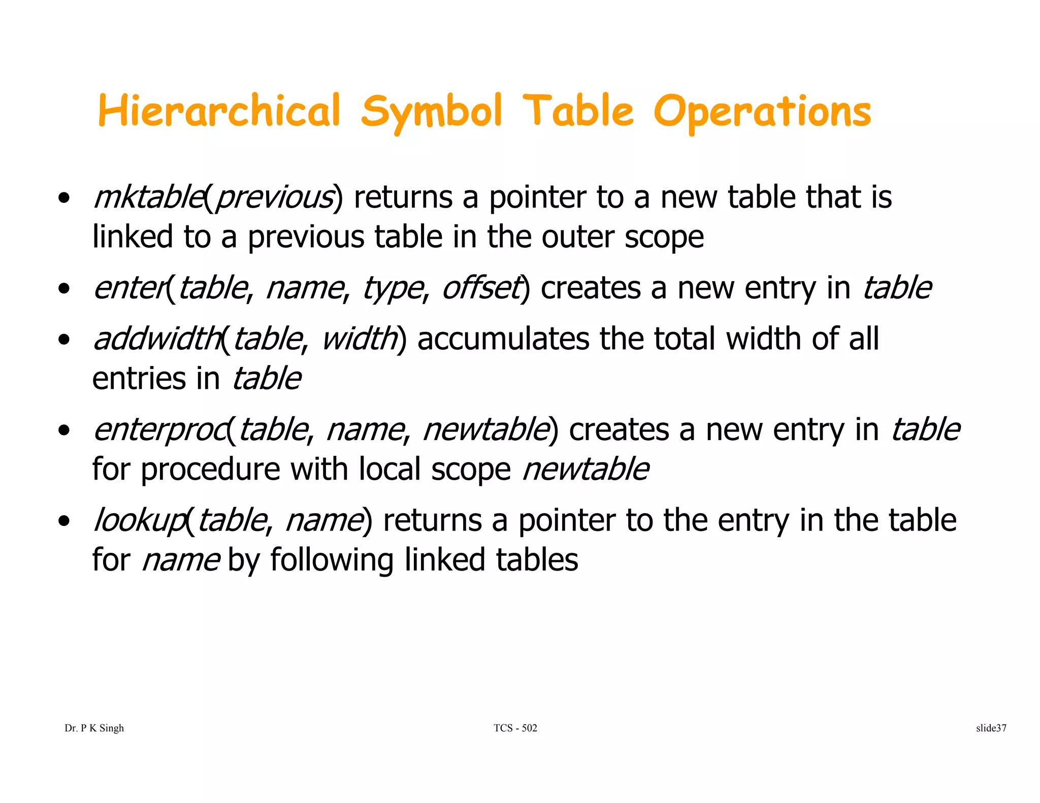Hierarchical Symbol Table Operations
• mktable(previous) returns a pointer to a new table that is
linked to a previous table in the outer scopep p
• enter(table, name, type, offset) creates a new entry in table
• addwidth(table, width) accumulates the total width of all( , )
entries in table
• enterproc(table, name, newtable) creates a new entry in table
for procedure with local scope newtable
• lookup(table, name) returns a pointer to the entry in the table
fo name b follo ing linked tablesfor name by following linked tables
TCS - 502Dr. P K Singh slide37
 