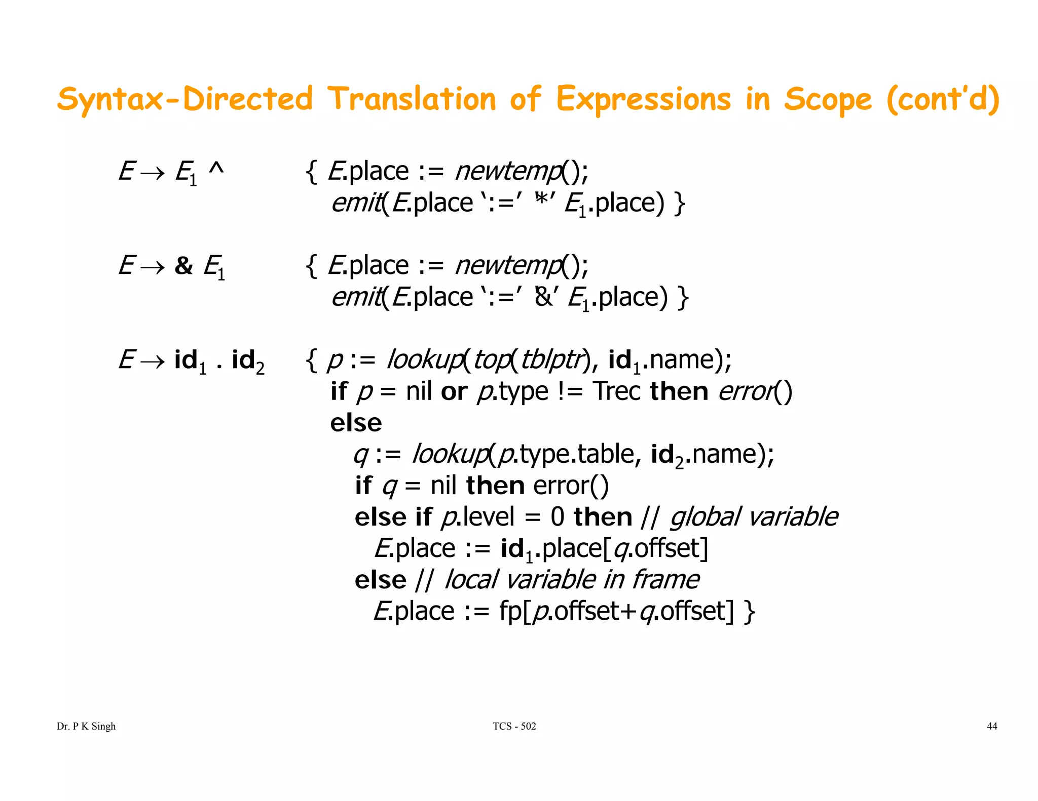 Syntax-Directed Translation of Expressions in Scope (cont’d)
E → E1 ^ { E.place := newtemp();
emit(E.place ‘:=’ ‘*’ E1.place) }
E → & E1 { E.place := newtemp();
emit(E.place ‘:=’ ‘&’ E1.place) }
E id id { l k ( ( bl ) id )E → id1 . id2 { p := lookup(top(tblptr), id1.name);
if p = nil or p.type != Trec then error()
else
q := lookup(p type table id name);q := lookup(p.type.table, id2.name);
if q = nil then error()
else if p.level = 0 then // global variable
E place := id1 place[q offset]E.place := id1.place[q.offset]
else // local variable in frame
E.place := fp[p.offset+q.offset] }
TCS - 502Dr. P K Singh 44
 