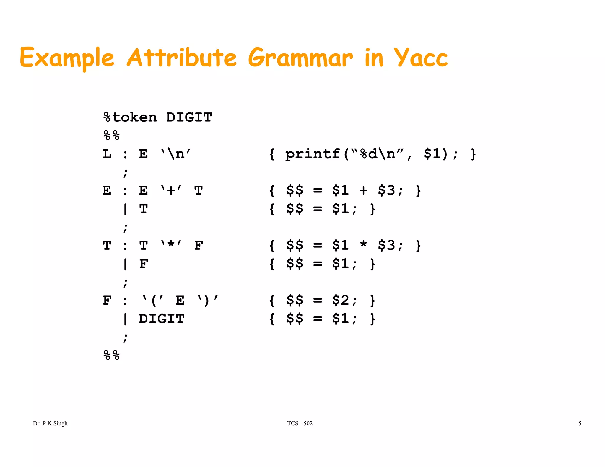 Example Attribute Grammar in Yacc
%token DIGIT
%%
L : E ‘n’ { printf(“%dn”, $1); }
;
E : E ‘+’ T { $$ = $1 + $3; }
| { $$ $1 }| T { $$ = $1; }
;
T : T ‘*’ F { $$ = $1 * $3; }
| F { $$ = $1; }| F { $$ = $1; }
;
F : ‘(’ E ‘)’ { $$ = $2; }
| DIGIT { $$ = $1; }| DIGIT { $$ $1; }
;
%%
TCS - 502Dr. P K Singh 5
 
