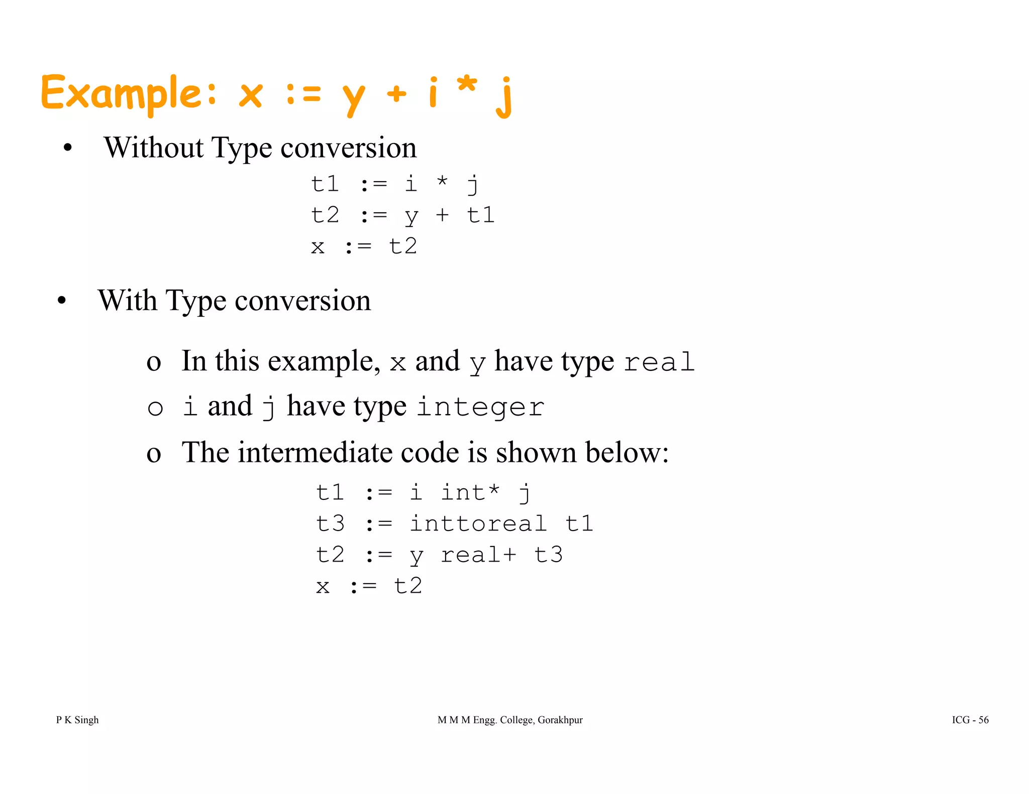 Example: x := y + i * j
• Without Type conversion• Without Type conversion
t1 := i * j
t2 := y + t1
x := t2x := t2
• With Type conversion
o In this example, x and y have type real
o i and j have type integer
Th i t di t d i h b lo The intermediate code is shown below:
t1 := i int* j
t3 := inttoreal t1
2 l 3t2 := y real+ t3
x := t2
P K Singh M M M Engg. College, Gorakhpur ICG - 56
 