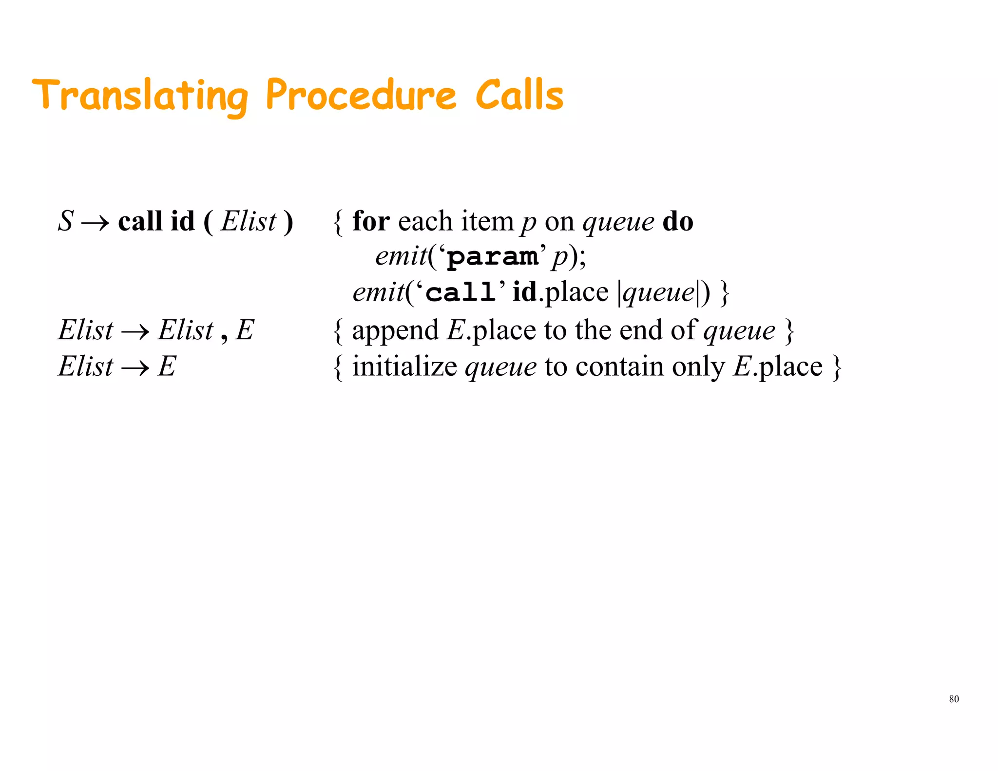 Translating Procedure Calls
S → call id ( Elist ) { for each item p on queue do
emit(‘param’ p);
emit(‘call’ id.place |queue|) }
Elist → Elist , E { append E.place to the end of queue }Elist → Elist , E { append E.place to the end of queue }
Elist → E { initialize queue to contain only E.place }
80
 