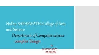 NaDarSARASWATHiCollegeofArts
andScience
DepartmentofComputerscience
complierDesign
by
K.DIANA DEVI
I M.SC(CS)
 