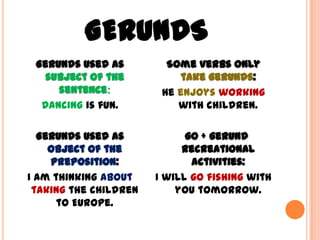 GERUNDS
 Gerunds used as         Some verbs only
   subject of the          take gerunds:
     sentence:          He enjoys working
  Dancing is fun.          with children.

  Gerunds used as            go + gerund
    object of the           Recreational
    preposition:              activities:
I am thinking about    I will go fishing with
 taking the children       you tomorrow.
      to Europe.
 