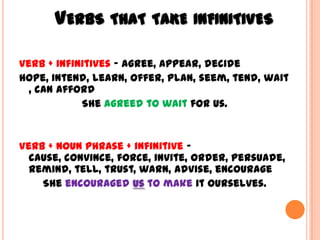 VERBS THAT TAKE INFINITIVES

Verb + infinitives – agree, appear, decide
hope, intend, learn, offer, plan, seem, tend, wait
  , can afford
            She agreed to wait for us.


Verb + Noun phrase + infinitive –
  cause, convince, force, invite, order, persuade,
  remind, tell, trust, warn, advise, encourage
    She encouraged us to make it ourselves.
 