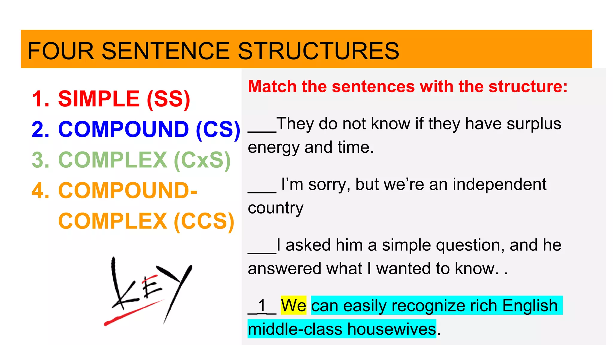FOUR SENTENCE STRUCTURES
1. SIMPLE (SS)
2. COMPOUND (CS)
3. COMPLEX (CxS)
4. COMPOUND-
COMPLEX (CCS)
Match the sentences with the structure:
___They do not know if they have surplus
energy and time.
___ I’m sorry, but we’re an independent
country
___I asked him a simple question, and he
answered what I wanted to know. .
_1_ We can easily recognize rich English
middle-class housewives.
 