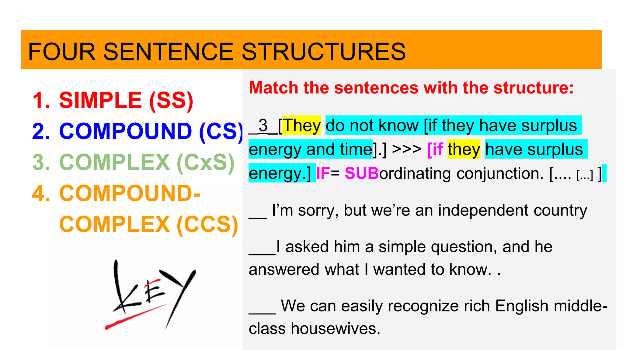 FOUR SENTENCE STRUCTURES
1. SIMPLE (SS)
2. COMPOUND (CS)
3. COMPLEX (CxS)
4. COMPOUND-
COMPLEX (CCS)
Match the sentences with the structure:
_3_[They do not know [if they have surplus
energy and time].] >>> [if they have surplus
energy.] IF= SUBordinating conjunction. [.... [...] ]
__ I’m sorry, but we’re an independent country
___I asked him a simple question, and he
answered what I wanted to know. .
___ We can easily recognize rich English middle-
class housewives.
 