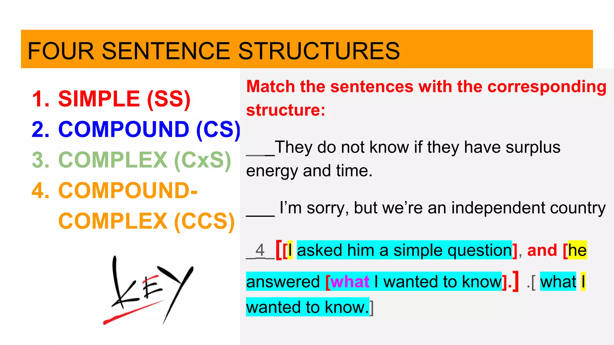 FOUR SENTENCE STRUCTURES
1. SIMPLE (SS)
2. COMPOUND (CS)
3. COMPLEX (CxS)
4. COMPOUND-
COMPLEX (CCS)
Match the sentences with the corresponding
structure:
___They do not know if they have surplus
energy and time.
___ I’m sorry, but we’re an independent country
_4_[[I asked him a simple question], and [he
answered [what I wanted to know].] .[ what I
wanted to know.]
 