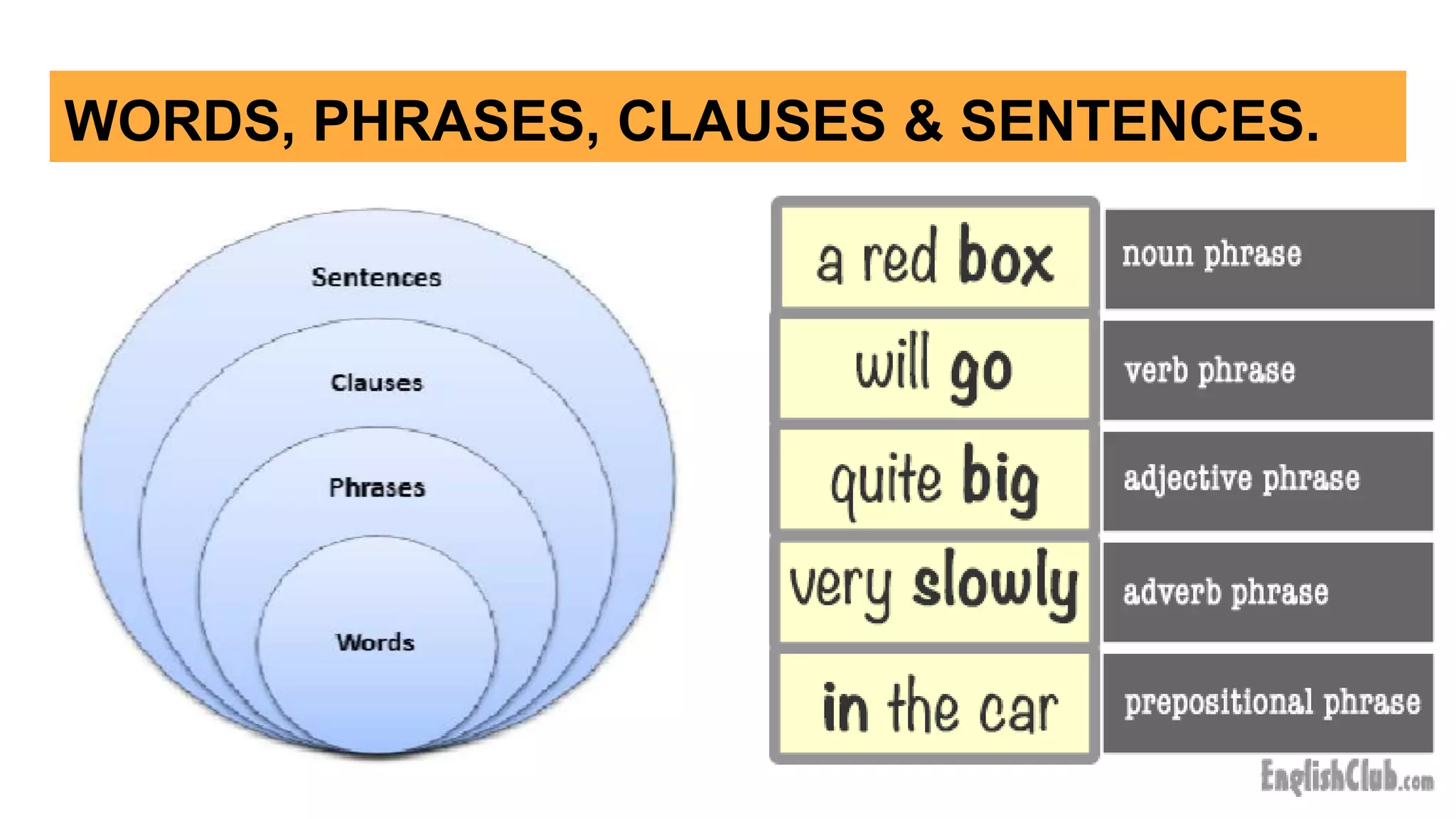 WORDS, PHRASES, CLAUSES & SENTENCES.
 
