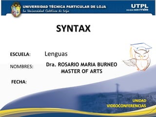 Dra. ROSARIO MARIA BURNEO MASTER OF ARTS ESCUELA :  Lenguas NOMBRES: FECHA : SYNTAX 