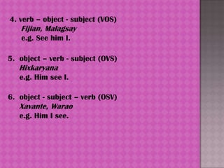 4. verb – object - subject (VOS)
   Fijian, Malagsay
   e.g. See him I.

5. object – verb - subject (OVS)
   Hixkaryana
   e.g. Him see I.

6. object - subject – verb (OSV)
   Xavante, Warao
   e.g. Him I see.
 
