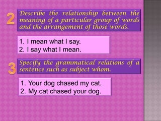 Describe the relationship between the
meaning of a particular group of words
and the arrangement of those words.

1. I mean what I say.
2. I say what I mean.
Specify the grammatical relations of a
sentence such as subject whom.

1. Your dog chased my cat.
2. My cat chased your dog.
 